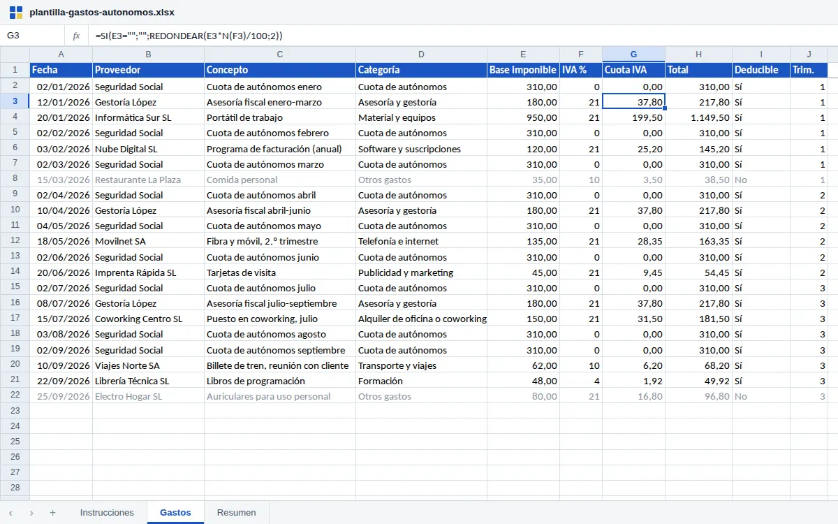 Plantilla de gastos de autónomos en Excel: registro de facturas con proveedor, concepto, categoría, base imponible, tipo de IVA, cuota de IVA calculada, total, si es deducible y trimestre; los gastos no deducibles aparecen en gris
