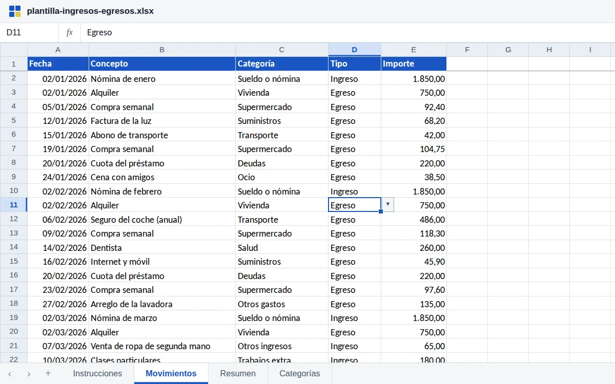 Plantilla de ingresos y egresos en Excel: pestaña Movimientos con la nómina de 1.850,00 y egresos de enero y febrero como alquiler, compra semanal, luz, cuota del préstamo, seguro del coche y dentista, cada uno con fecha, categoría, tipo Ingreso o Egreso e importe